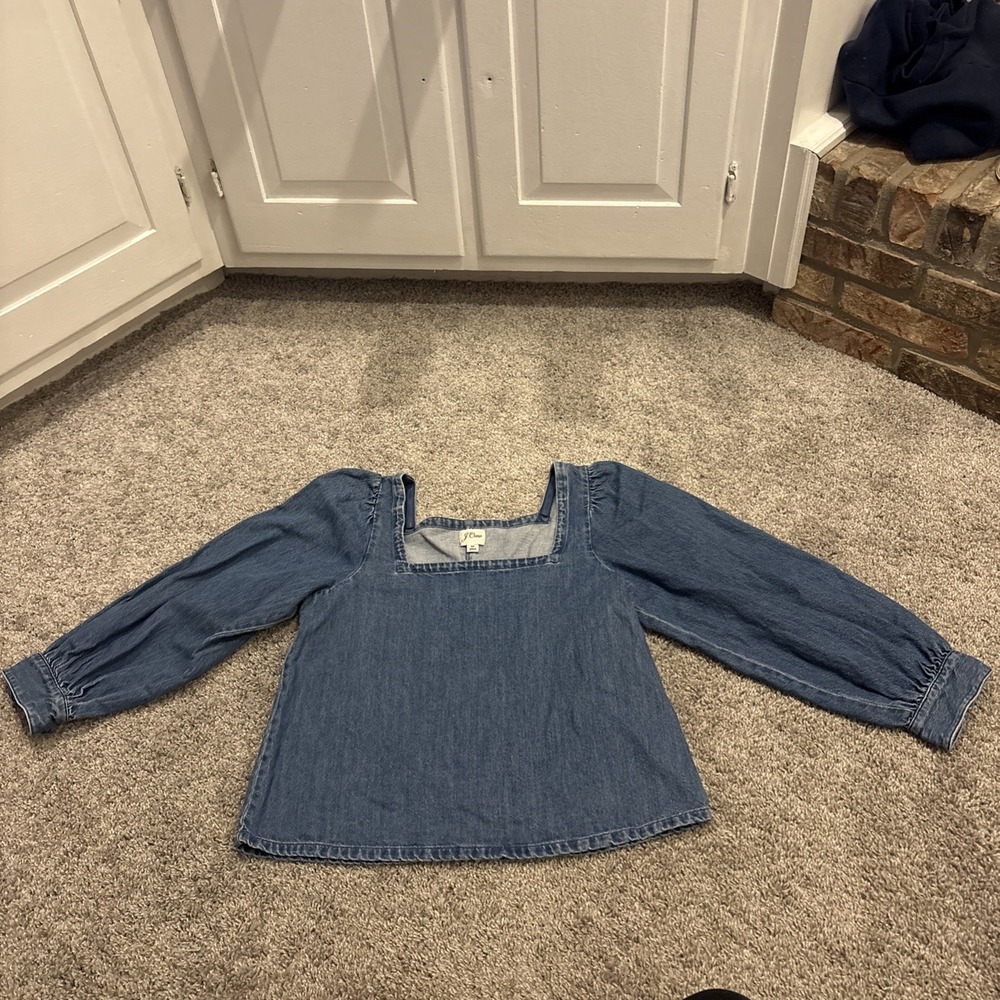 J Crew Shirt Womens Medium Blue Denim Chambray Square Neck Top Blouse BG082